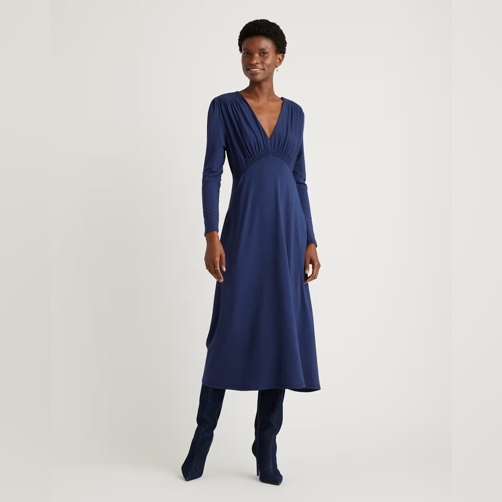 Quince Tencel Jersey V-Neck Long Sleeve Midi Dress in Navy Blue, NWT, Women's XL